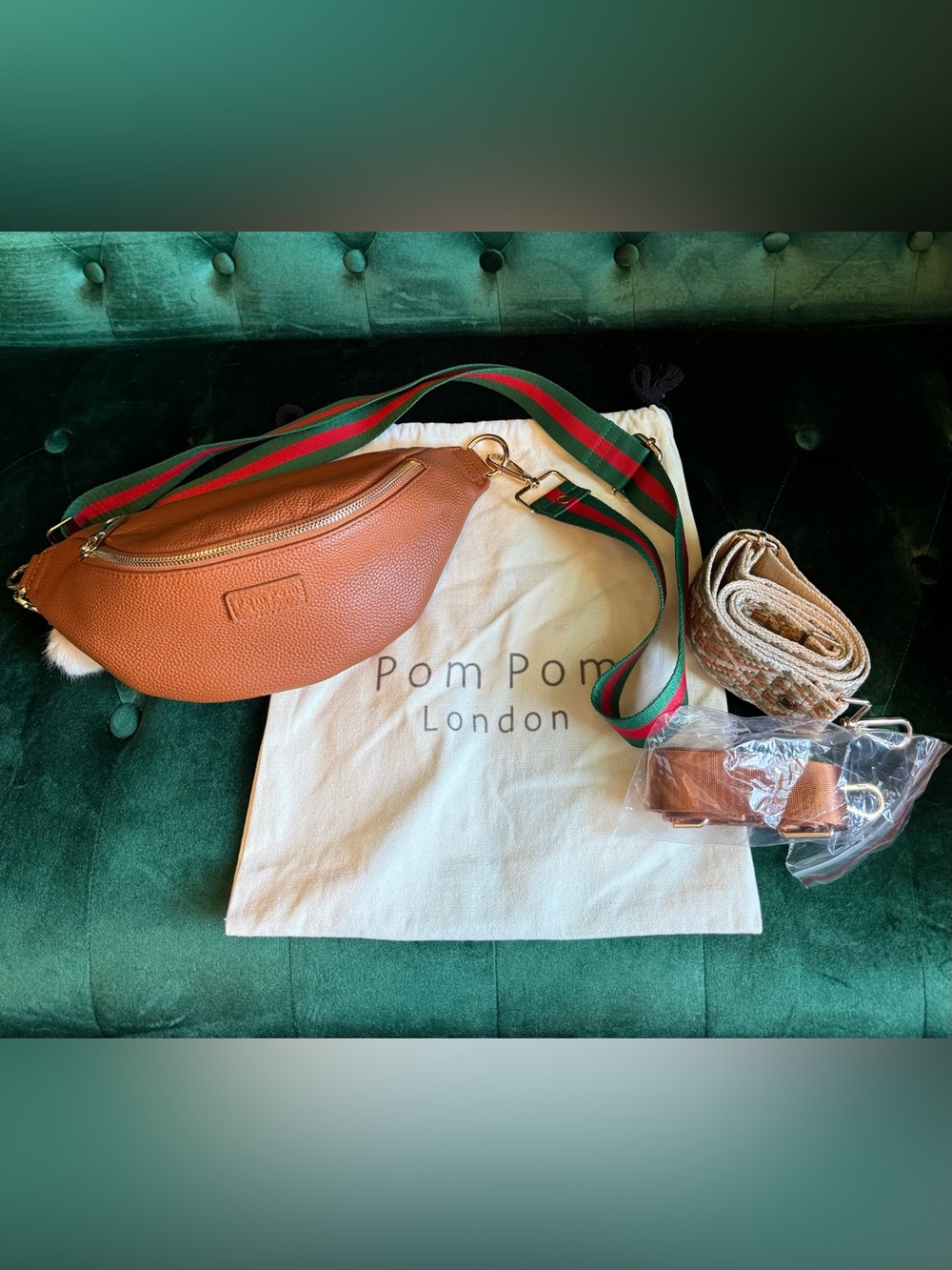 Pom Pom London Maple Cognac Leather Bum Bag Sling Crossbody w/ 3 Straps